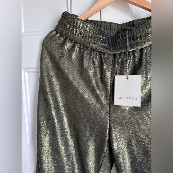 All Saints Charli Sequin Wide Leg Pant Olive Green Size 6 NWT - Picture 9 of 12